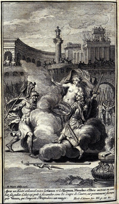 Na een plechtige overeenkomst tussen de Grieken en de Trojanen, gingen Menelas en Paris een enkel gevecht aan. Deze, klaar om te bezwijken onder de slagen van de ander, wordt gered door Venus die Troyes in een wolk wint. Illustratie van boek III van de Ili door Unknown artist