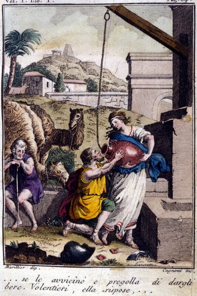 Agar bij de bron: ik nader haar en vraag haar om een drankje. Ze zal antwoorden... Gravure uit het begin van de 19e eeuw door Unknown artist