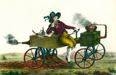 Landbouw: ploegscène met een stoommachine in 1834. Anonieme gravure uit 1834. Privécollectie door Unknown artist