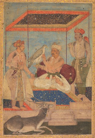 Akbar en Jahangir Onderzoeken een Ghir Valk terwijl Prins Khusrau Achter Staat door Unknown artist
