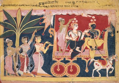 Akrura rijdt Krishna en Balarama naar Mathura (Isarda Bhagavata Purana) door Unknown artist