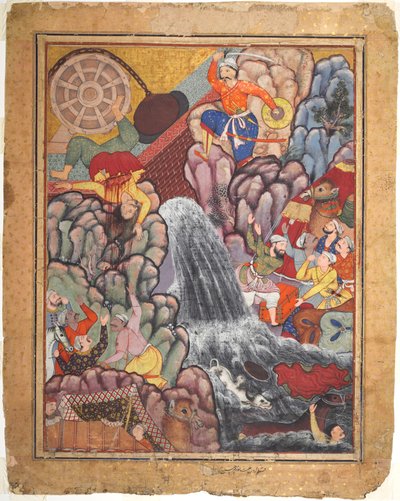 Alamshah die de ketting van het wiel doorklieft, uit deel 11 van een Hamza-nama (Avonturen van Hamza) door Unknown artist