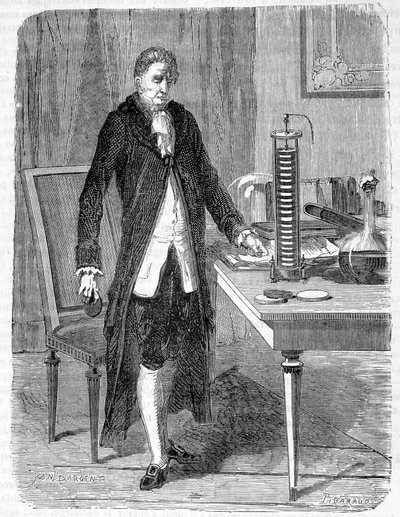 Alessandro (Alexandre) Volta bouwde in 1799 de elektro-motor of elektrische batterij - gravure door Unknown artist