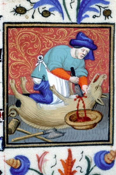Allegorische voorstelling van december. Een slager die een varken doodt. Miniatuur van een 14e-eeuws manuscript door Unknown artist