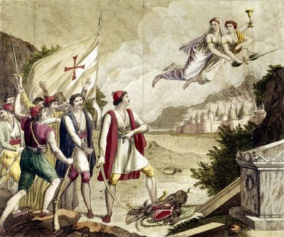 Allegorie van het ontwaken van het nationalistische gevoel van Griekenland onder Ottomaanse overheersing dat leidde tot de Griekse Onafhankelijkheidsoorlog (1821-1830) of de Griekse Revolutie. door Unknown artist