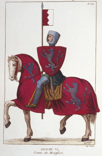 Amaury VI, Graaf van Montfort, verloor een deel van de veroveringen van zijn vader Simon IV en droeg zijn rechten op het Zuiden over aan de koning van Frankrijk, Lodewijk VIII. Gravure uit 1830. door Unknown artist