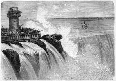 Amerikaanse Jenkins steekt de Niagara Falls over op een Velocipede in 1869 door Unknown artist