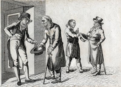 Amone. Bedelaars die hoeden uitsteken om munten te ontvangen. Eindgravure van de 18e eeuw. Privécollectie door Unknown artist