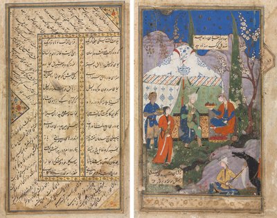 Een episode uit het verhaal van de Sassanidische koning Khusrau en zijn geliefde Shirin, uit een Khamsa (Kwintet) van Nizami (1141–1209) (verso); Perzische verzen uit een Haft Awrang (Zeven Tronen) van Jami (gest. 1492) (recto) door Unknown artist