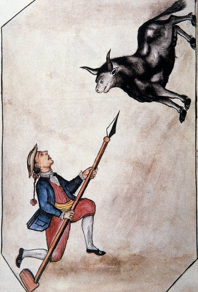 Een Indiaan wijst met zijn speer naar een stier, uit het boek "Trujillo del Peru" of "Códice Martínez Compañón", door Baltazar Martinez Compañón y Bujanda, bisschop van Trujillo (1782-1785) door Unknown artist