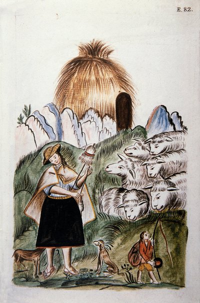 Een Indiase herderin bij haar hut met haar kudde, uit het boek "Trujillo del Peru" of "Códice Martínez Compañón", door Baltazar Martinez Compañón y Bujanda, bisschop van Trujillo (1782-1785) door Unknown artist
