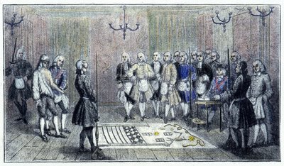 Een leerlingloge in Parijs, circa 1740: deze scène toont de ontvangst van een "leerling" vrijmetselaar (op de vloer het schilderij van de leerlingloge) - volgens een gravure uit die tijd. door Unknown artist