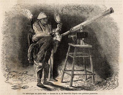 Een astroloog zoekt de lucht af met zijn telescoop door Unknown artist