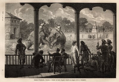 Een olifantengevecht in Baroda, Gujarat, India. Gravure ter illustratie van de reis in India van de Rajahs, door Louis Rousselet, 1864-1868, gepubliceerd in 