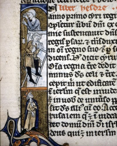 Een verlichting die een bouwscène in de 14e eeuw afbeeldt. door Unknown artist