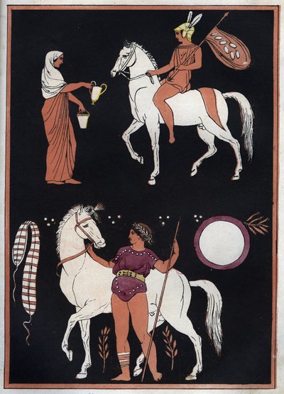 Oude Griekenland - Manier om een paard te bestijgen - gravure uit Usi e Costumi di Tutti i Popoli dell