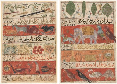 Dieren, edelstenen, munten en muziekinstrumenten (recto); Dieren, vogels en planten (verso) uit een Mu