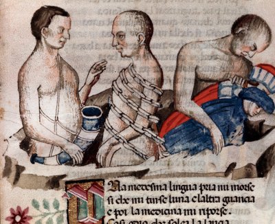 Antaeus de reus laat Dante en Vergilius op de bevroren grond van de cirkel van Verraad (lied 31 uit de Hel, in de Goddelijke Komedie) - miniatuur 15e eeuw door Unknown artist