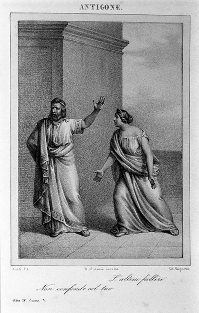 Antigone Act 4, scène 5. Italiaanse tragedie door Vittorio Alfieri geschreven in 1783 na Griekse mythologie. Gravure uit de 18e eeuw. door Unknown artist