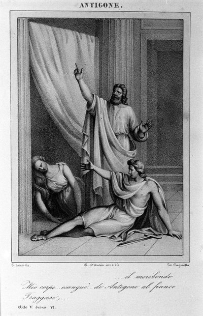 Antigone Act 5, scène 6. Italiaanse tragedie door Vittorio Alfieri geschreven in 1783 na Griekse mythologie. Gravure uit de 18e eeuw. door Unknown artist