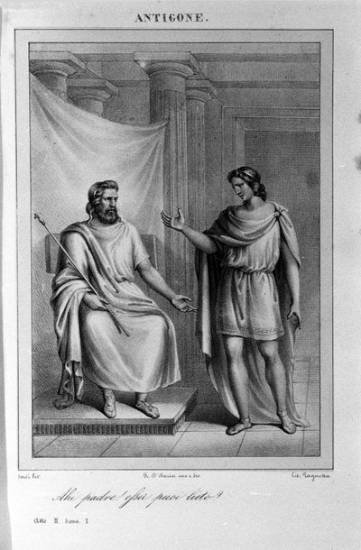Antigone Act II, scène 1. Italiaanse tragedie door Vittorio Alfieri geschreven in 1783 na Griekse mythologie. Gravure uit de 18e eeuw. door Unknown artist