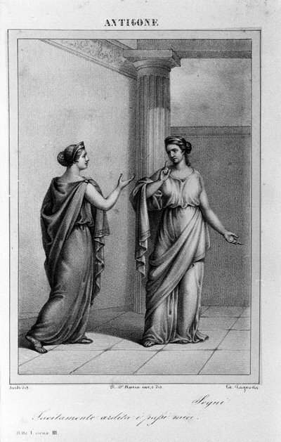 Antigone Act I, scène 3. Italiaanse tragedie door Vittorio Alfieri geschreven in 1783 na Griekse mythologie. Gravure uit de 18e eeuw door Unknown artist