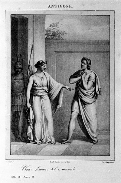 Antigone Act I, scène 3. Italiaanse tragedie door Vittorio Alfieri geschreven in 1783 naar Griekse mythologie. Gravure uit de 18e eeuw. door Unknown artist