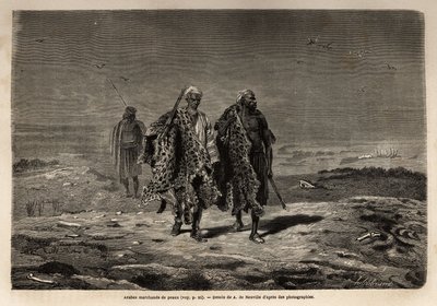 Arabische bedoeïenen, panterhuiden en schapenwolhandelaren, op weg naar de markt van Bagdad (Irak). Gravure ter illustratie van de reis naar Babylon, in 1866, door Guillaume Lejean, in 