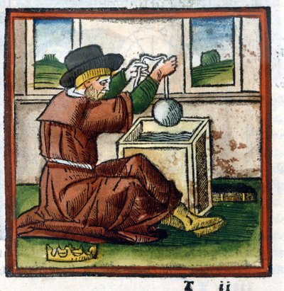 Archimedes bepaalt het gewicht van de kroon van Hieron door onderdompeling in water (ervaring van opwaartse kracht) - gravure door Unknown artist