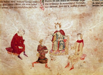 Arthurlegende: Koning Arthur op zijn troon omringd door zijn adviseurs door Unknown artist