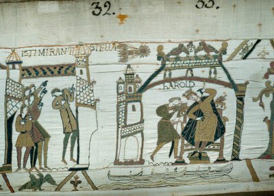 Astrologen rapporteren de verschijning van de komeet (Halley), een voorteken van ongeluk voor Harold, net gekroond tot koning van Engeland (detail van het Tapijt van Bayeux) door Unknown artist