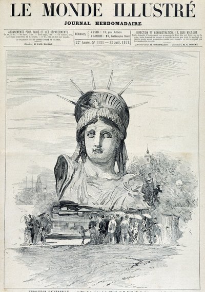 Op de Wereldtentoonstelling van 1878: het hoofd van het Vrijheidsbeeld door de heer Bartholdi, bestemd voor de haven van New York - in "The Illustrated World" van 13/07/1878 door Unknown artist