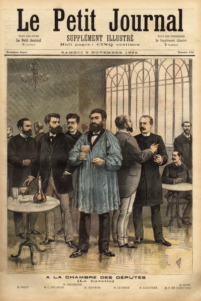 Aan de bar van de Kamer van Afgevaardigden, met van links naar rechts: Emile Basly (1835-1928), afgevaardigde van Parijs, uit de vakbondsbeweging van mijnwerkers, Camille Pelletan (1846-1915) journalist schrijver en afgevaardigde van de Bouches du Rhone, A door Unknown artist