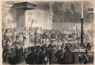Audiëntie gegeven door paus Pius IX (Pio) (1792-1878) aan buitenlandse geestelijken in de Sixtijnse Kapel (cappella sistina) in Rome ter gelegenheid van de vieringen van de heiligverklaring van de 26 