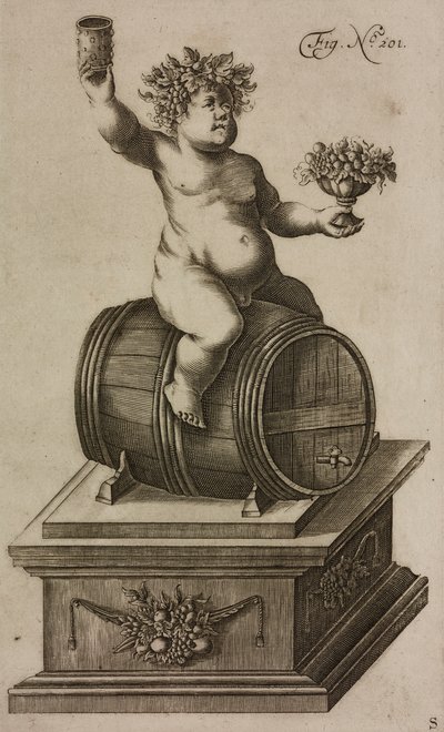 Bacchus op vat, etalagepop om vuurwerk te lanceren, gravure uit Grand Art d