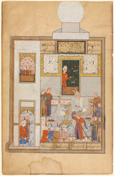 Bahram Bezoekt het Paviljoen met de Witte Koepel op Vrijdag, geïllustreerd met tekst in Khamsa van Nizami (verso), uit een Haft Paykar (Zeven Portretten) van Nizami door Unknown artist