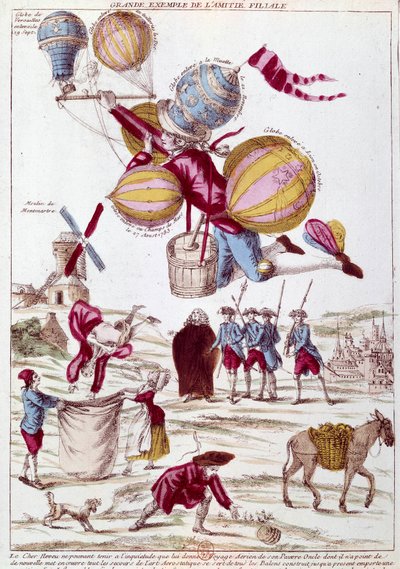 Ballonvlucht: een neef, bezorgd omdat hij geen nieuws ontvangt van zijn oom op een ballonreis, doet er alles aan om hem te bereiken en laat alle ballonnen opstijgen (Lyon, Champs de mars, La Muette, Versailles) om over Parijs te vliegen. Satirische gravure door Unknown artist