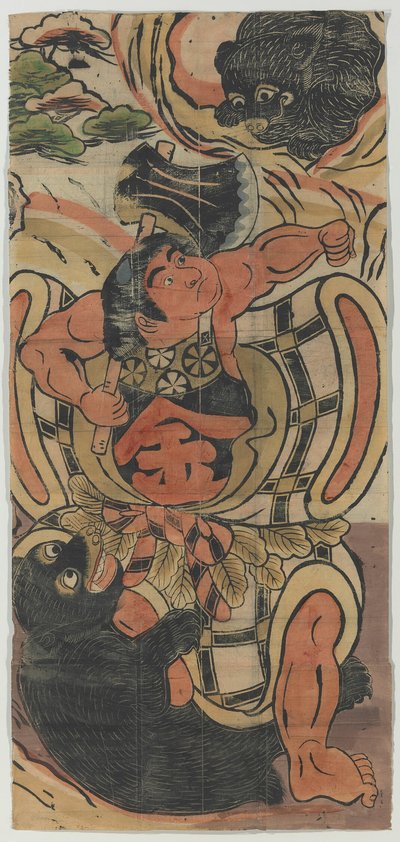 Banner met Kintaro in gevecht met beren door Unknown artist