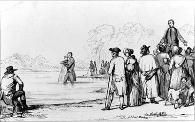 Doop van de wederdopers met totale onderdompeling in water door Unknown artist