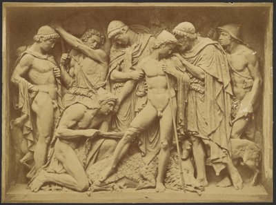 [Bas reliëf van mannen en dood zwijn]. door Unknown artist