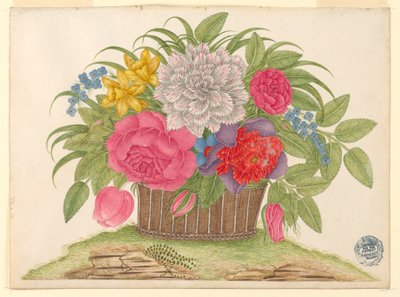 Mand met bloemen en bladeren op de grond door Unknown artist