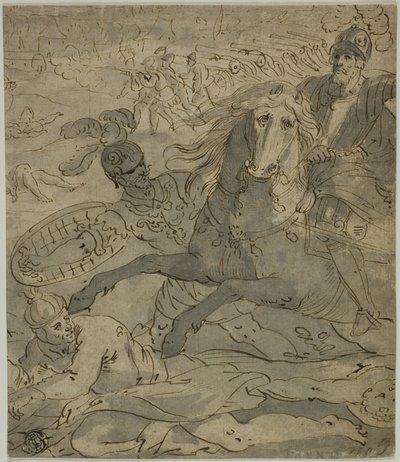 Slagveld met aanvallende generaal te paard op de voorgrond, artillerie en kanonnen op de achtergrond door Unknown artist
