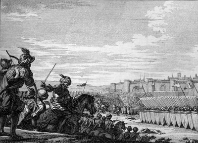 Slag bij Poitiers tussen het leger van Karel Martel en de Saracenen, 732. Gravure uit de 18e eeuw door Unknown artist