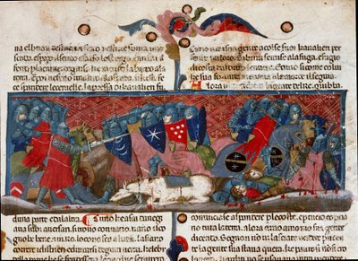 Slagveld, gepantserde krijgers die elkaar bevechten Detail van een manuscriptpagina 