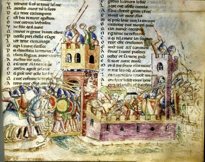 Slagveld in een kasteel. Miniatuur uit de "Roman de Troy" door Benoit de Sainte Moure door Unknown artist
