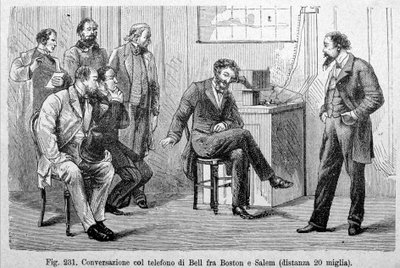Bell-telefoongesprek tussen Boston en Salem (20 mijl afstand). Gravure uit de 19e eeuw door Unknown artist