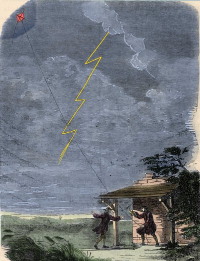 Benjamin Franklin, filosoof, natuurkundige en Amerikaanse ambassadeur, experimenteert met zijn bliksemafleider gemonteerd op een vlieger. September 1752 door Unknown artist