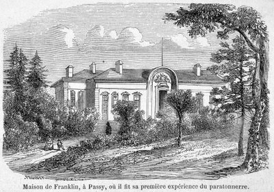 Het huis van Benjamin Franklin in Passy, waar hij zijn eerste bliksemafleiderervaring deed - gravure door Unknown artist
