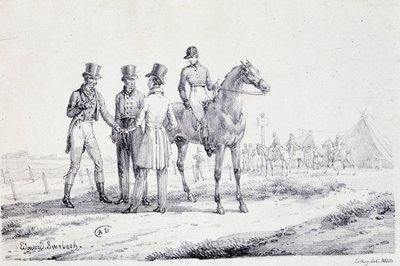 Wedden aan de rand van het raceveld met een jockey te paard - lithografie, begin 19e eeuw door Unknown artist