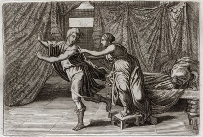 Bijbel van Royaumont, Oude Testament: Kuisheid van Jozef. Jozef wordt verleid door de vrouw van Potifar en in de gevangenis gezet. Illustratie uit 1811. door Unknown artist